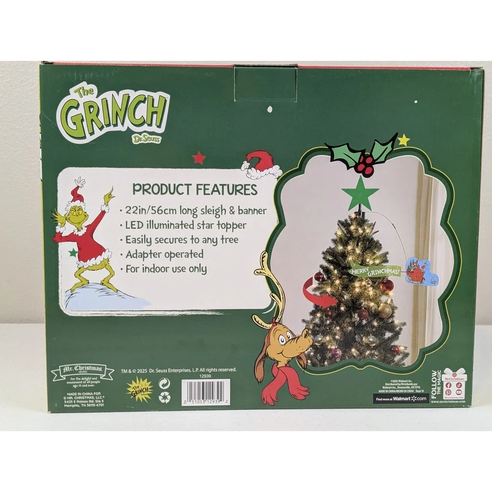 New Dr Seuss Grinch Sleigh Animated Christmas Tree Topper Merry Grinchmas LED
